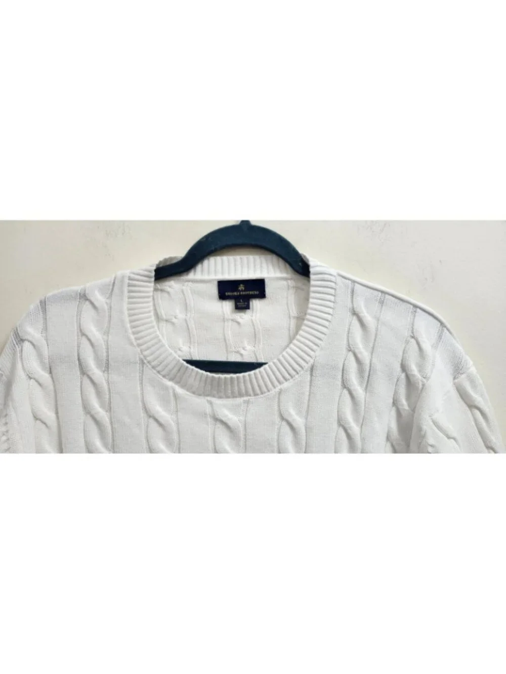 Brooks Brothers Men’s White 100% Cotton Cable Knit Crewneck Sweater Size L